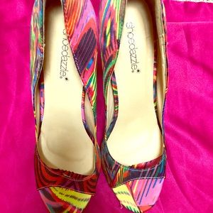 Multi colored open toe pumps